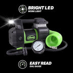 Slime 40031 Tire Inflator, Portable Car, SUV, 4x4 Air Compressor, Pro Power, Heavy Duty, with Analog 150 psi Dial Gauge, Long Hose and LED Light, 12V, 3 min inflation