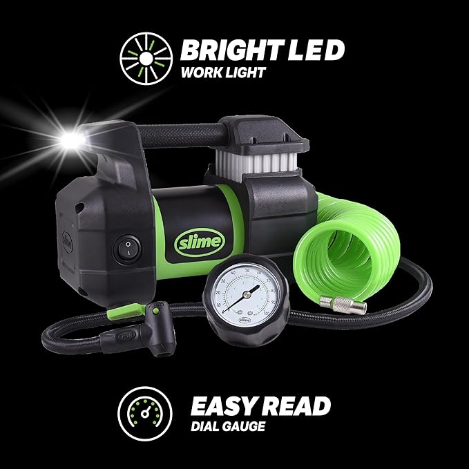 Slime 40031 Tire Inflator, Portable Car, SUV, 4x4 Air Compressor, Pro Power, Heavy Duty, with Analog 150 psi Dial Gauge, Long Hose and LED Light, 12V, 3 min inflation