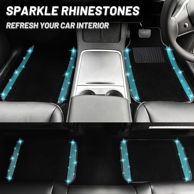 NBTEPEM Bling Car Floor Mats Full Set and Steering Wheel Cover, Universal Fit Most Cars, 4 pcs Sparkle Glitter Diamond Carpet, 5 pcs Bling Car Accessories Set for Women (Aquamarine Diamond)