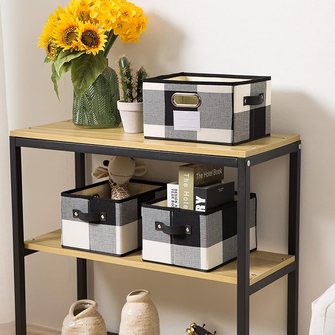 PRANDOM Fodable Storage Bins for Closet [3-pack] Decorative Fabric Storage Baskets Cubes with Leather/Metal Handles for Shelv