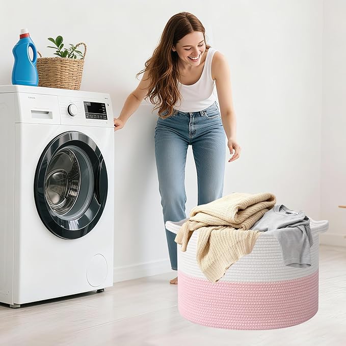 115L Extra Large Pink Woven Cotton Rope Basket with Handles, Kids Nursery Laundry Hamper for Toys, Blankets, Pillows & Comfor