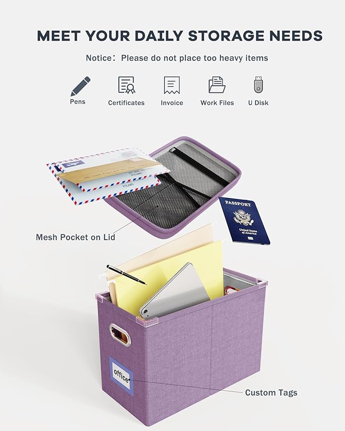 Oterri File Organizer with Lid, Hanging Filing Box with Mesh Pocket, Document Organizer for Letter Files, Portable Storage Bo