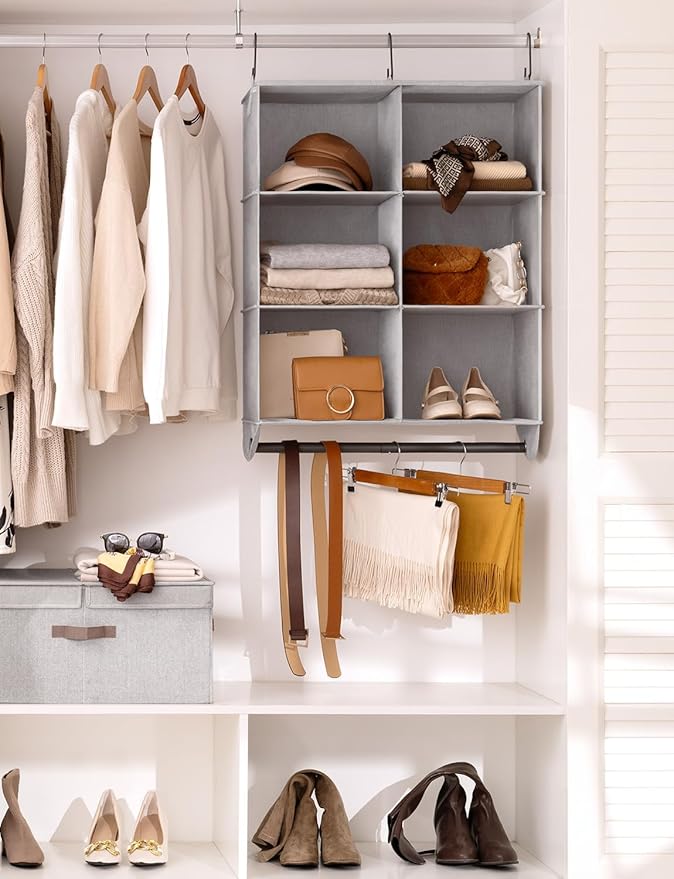 StorageWorks Hanging Closet Organizer with Metal Rod, 6-Section Closet Organizers and Storage, Collapsible Hanging Shelves fo