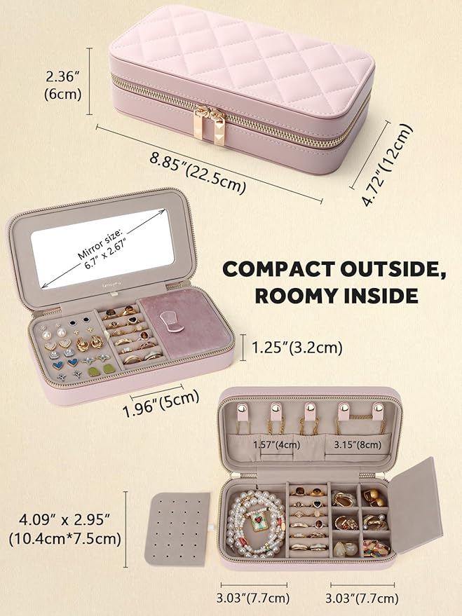 Travel Jewelry Case with Mirror, Quilted Small Jewelry Box Organizer for Women Girls, Portable Earring Necklace Bracelet Ring
