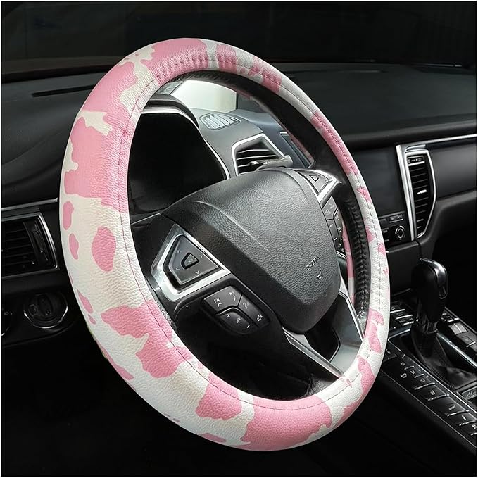 Dotesy Leather Cow Pattern Steering Wheel Cover Protector Cow Print Car Accessories Anti Slip Universal for 36.5-38cm (Pink W