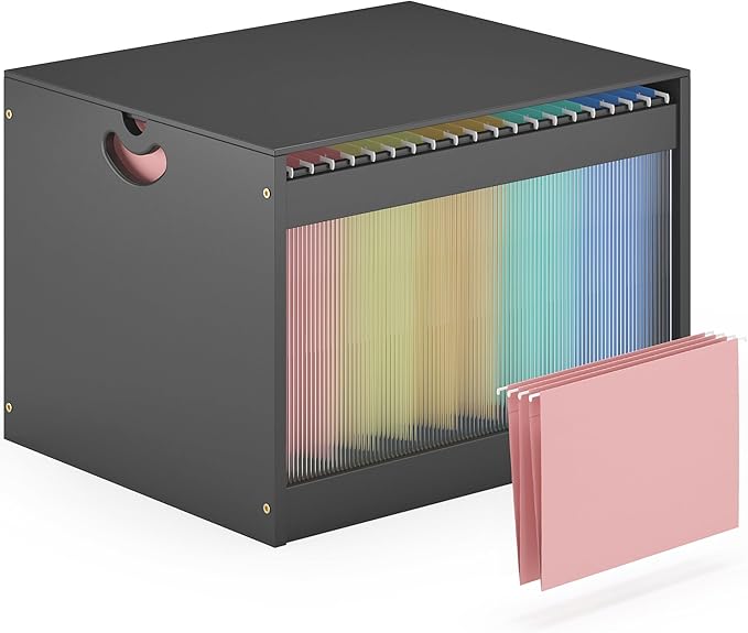 Hanging File Box Organizer for Letter Size, Bamboo Acrylic File Folder Storage with Lid Clear Moving Boxes Wooden with Handle