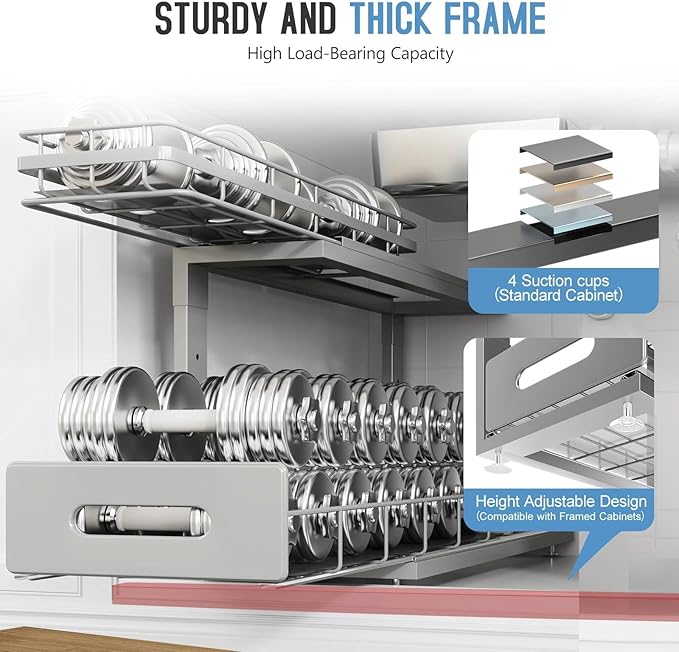 Under Sink Organizer Upgrade To Professional Rails,2-Tier Dual Pull Out Cabinet Storage,Height Adjustable Slide Out Drawers F