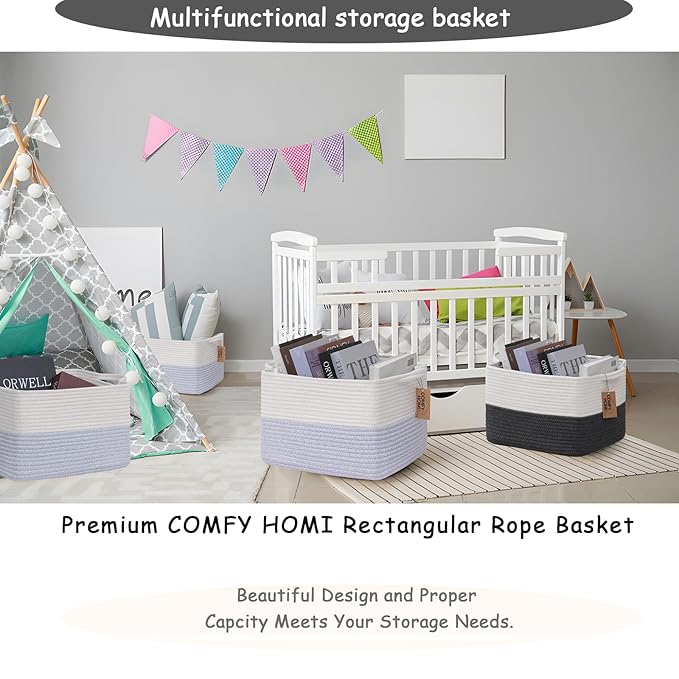 COMFY-HOMI 3PACK Cotton Rope Square Baske with Handles for Shelves|Dog Toy Baske Bin and Storage|Baby Baske for Gift|Shoe Bas
