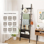 ELYKEN Blanket Ladder, 5-Tier Farmhouse Wooden Rack with Synthetic Leather Pocket, 4 Removable Hooks, Decorative Leaning Ladd