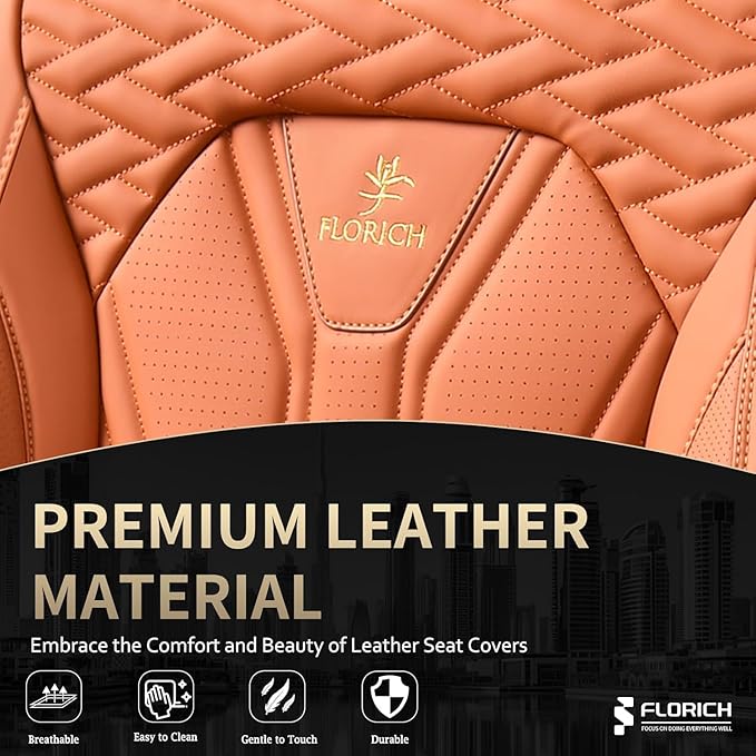 FLORICH Car Seat Covers Full Set Orange Seat Cover Front Seats and Back Leather Seat Covers for Cars Waterproof Car Seat Cush