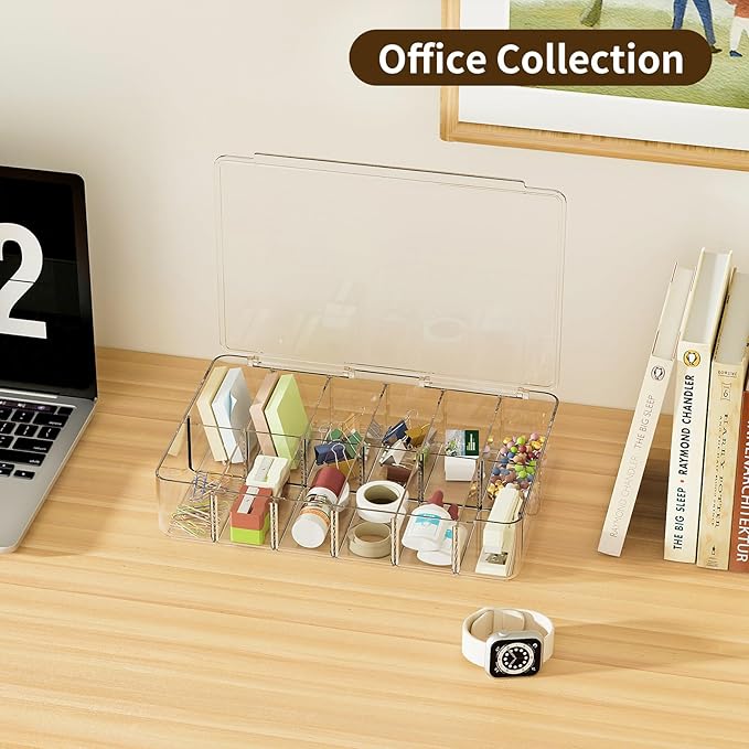 Clear Acrylic Makeup Organizer with Cover - 12 Compartments Cosmetic and Jewelry Organizer for Vanity and Desk Storage