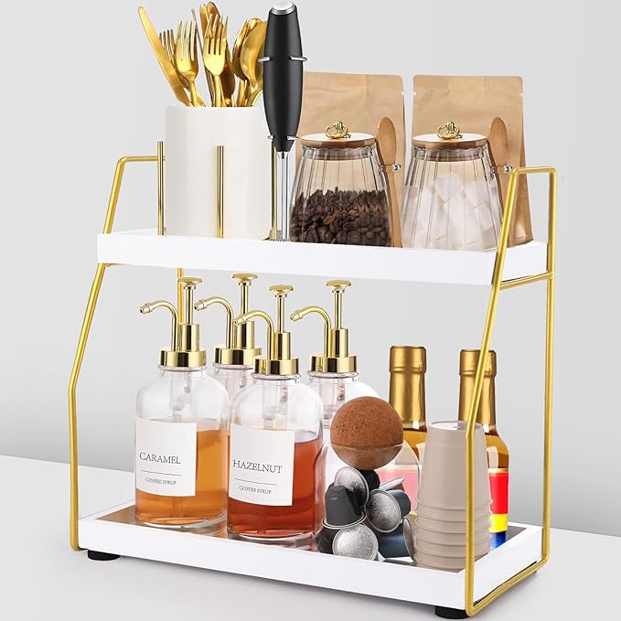 DWTS Coffee Bar Accessories,Coffee Station Organizer with Multi-Functional,CoffeeBar Decor for Accessories,2 Tier Wooden Shel
