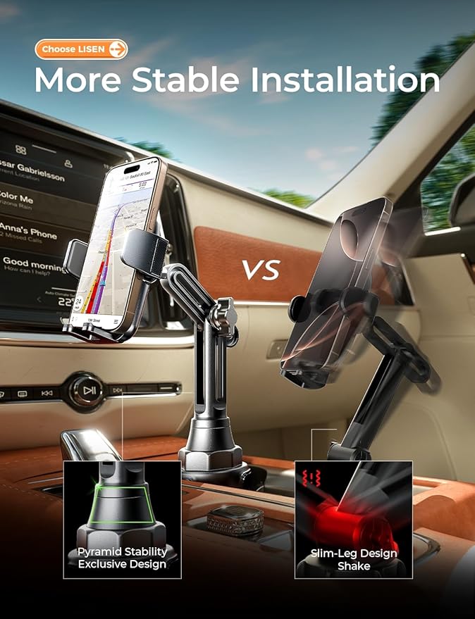 LISEN Upgraded Version Cup Holder Phone Holder 360° Adjustable Long Neck Car Phone Mount Golf Cart Phone Holder, Truck Jeep Accessories for iPhone 17 Air Pro Samsung Google and All 4-7'' Phone