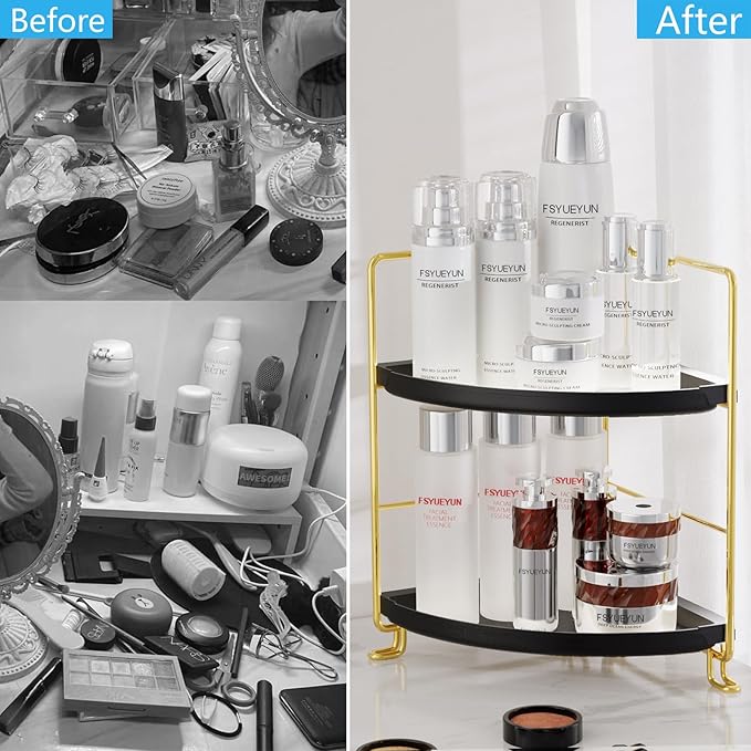 FSyueyun 2-Tier Corner Bathroom Counter Organizer, Tool-Less Installation Vanity Shelf Small Plastics Countertop Makeup Tray 