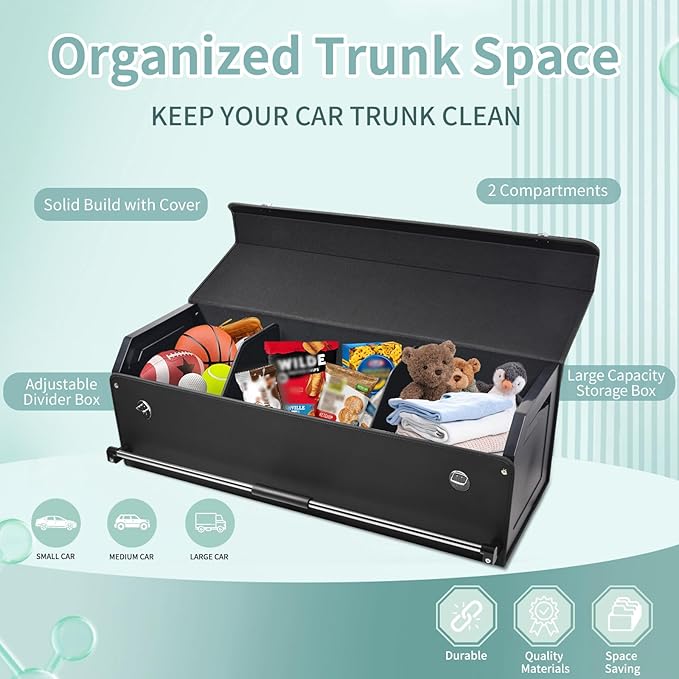 Car Trunk Organizer, Leather Trunk Organizer for Suv with Lid and Push-pull Handle Car Trunk Leather Storage Box Extra Large Ca