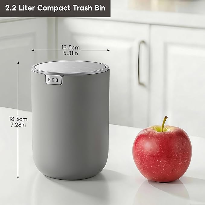 EKO Fandy 0.58 Gal/2.2L Mini Trash Can with Lid, Swing-Top Desktop Trash Can for Bathroom, Countertop, Vanity, Desk or Office, Small Garbage Bin (Grey)