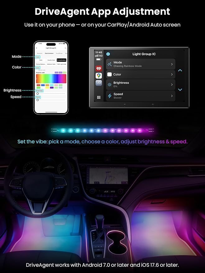Car LED Lights Interior, 16M Colors APP & CarPlay Control, Music Sync Ambient Lighting Kit, Auto-On/Off，Voltage Protection, Brightness Dimmer 12V DC LED Strip Lights for Car, Truck, SUV