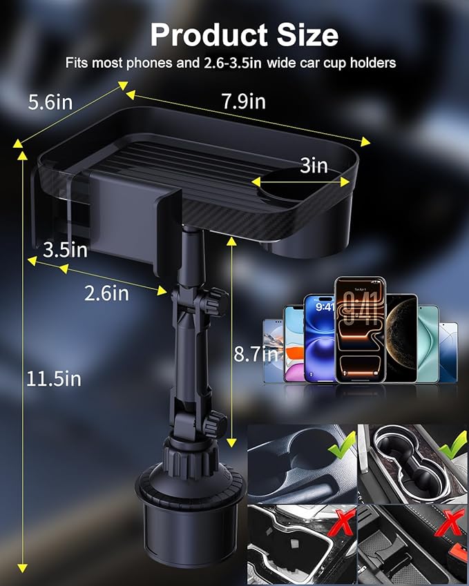 3 in1 Car Cup Holder Expander with 360° Rotation Phone Mount, Multifunctional Car Food Tray for Eating, Drinking, and Phone M