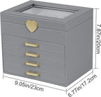 Kendal Jewelry Box, 5-Layer Jewelry Organizer Box with Glass Lid, Gray, Heart Shaped PU Leather, Storage Box for Necklace Ear