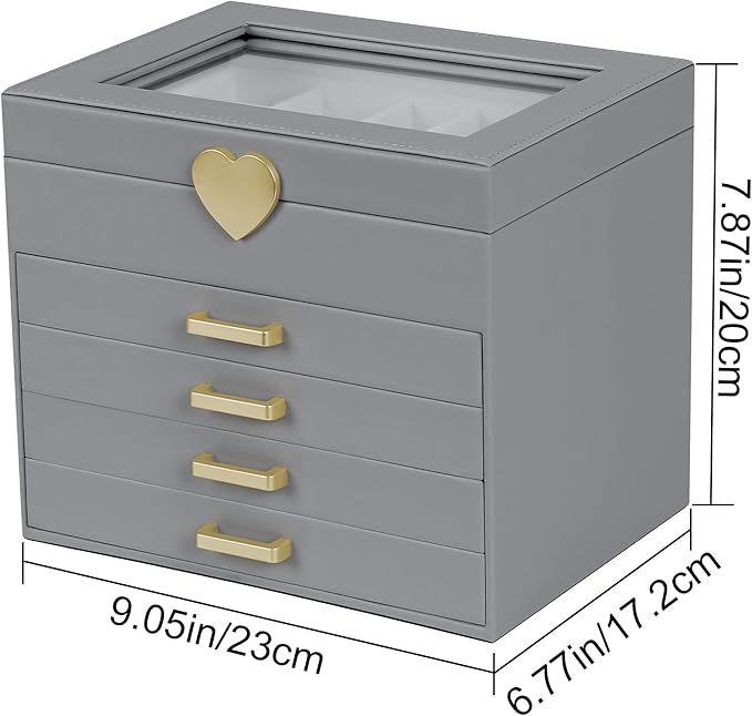 Kendal Jewelry Box, 5-Layer Jewelry Organizer Box with Glass Lid, Gray, Heart Shaped PU Leather, Storage Box for Necklace Ear
