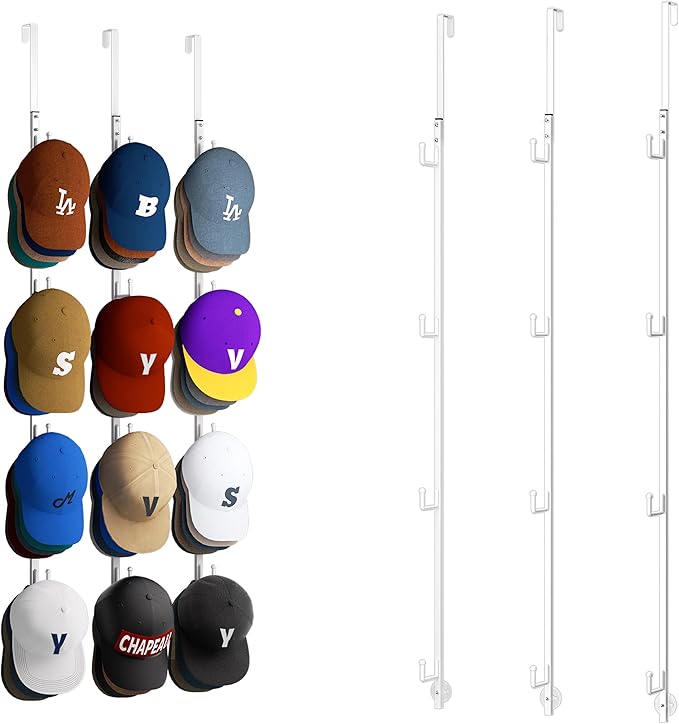HapiRm Over Door Hat Rack - 3 Packs Hat Organizer with 12 Hooks Design, Hanging Baseball Cap Organizer Storage Holds Up to 60
