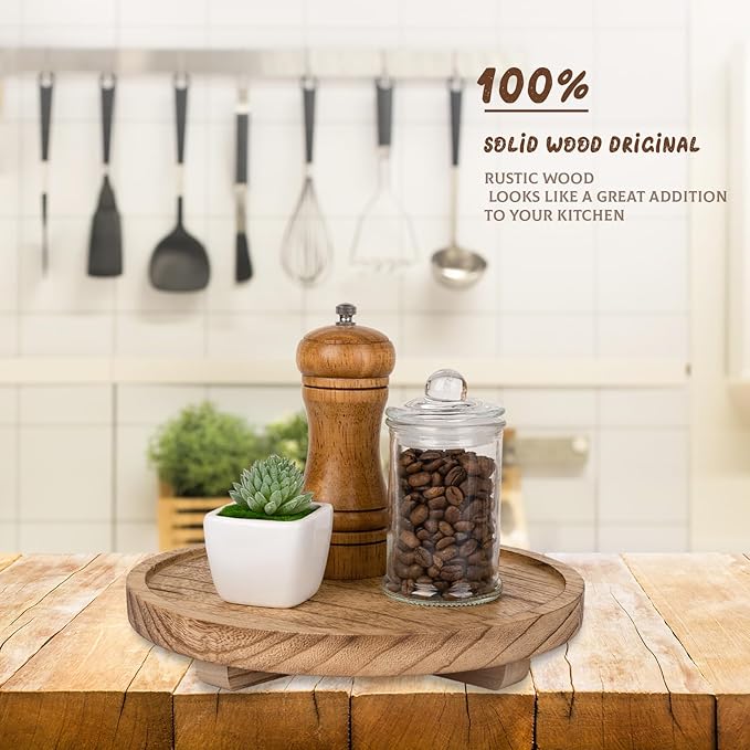 Round Decorative Tray Wood Bathroom Counter Organizer Farmhouse Kitchen Decor Wooden Riser for Soap Dish, Perfume, Candle, Sp