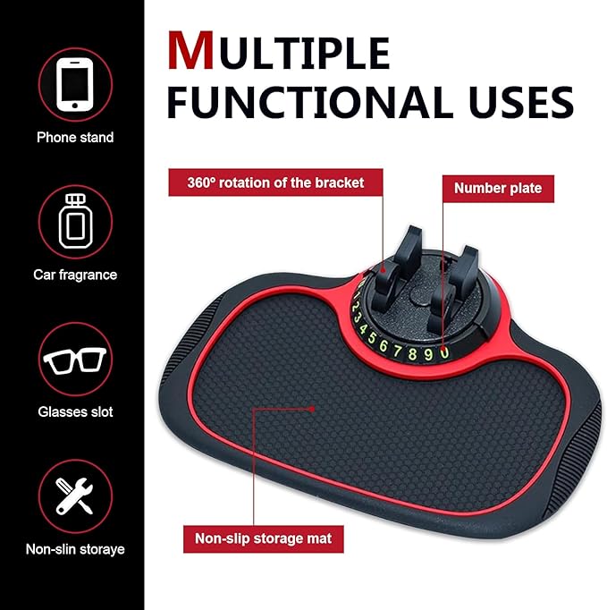 Multifunctional Car Anti-slip Mat, Car Dashboard Anti-slip Pad with Temporary License Plate, 360° Rotatable Dashboard Phone M