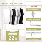 Hanging Closet Rod, 17-29In Adjustable Width and Up to 37In Height Adjustable Closet Rod Extender, Double Closet Rods Hanging