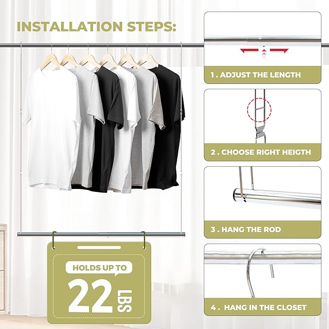 Hanging Closet Rod, 17-29In Adjustable Width and Up to 37In Height Adjustable Closet Rod Extender, Double Closet Rods Hanging