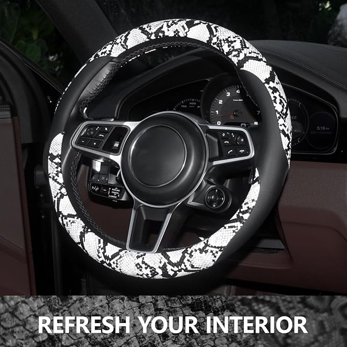 ZHOL Snake Skin Steering Wheel Cover Leather 14.5-15 Inch, Reversible Car Steering Wheel Cover for Women Men, Anti-Slip Desig