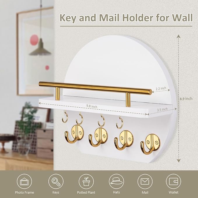 Nekon Key Holder for Wall - 9.8 Inch Apartment Wall Decor with Shelf and 8 Key Hooks, Circular Wood Key Hanger for Home Decor
