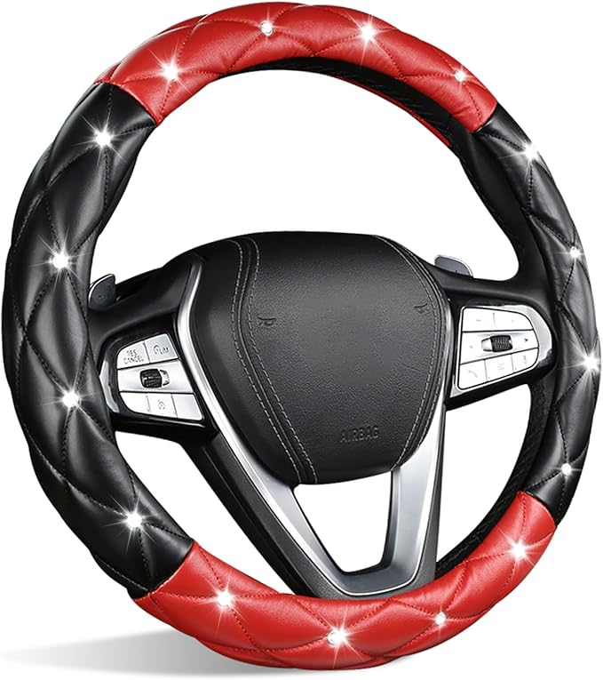 SuperKaKa Black and Red Steering Wheel Cover, Auto Diamond Style Cute Bling Comfort Car Interior Accessories Protector Sparkl