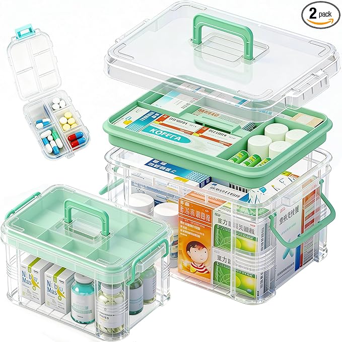 2 Pack Clear Medicine Organizer Storage Box with Tray, Portable Medicine Cabinet with Handle, Plastic First Aid box Empty wit