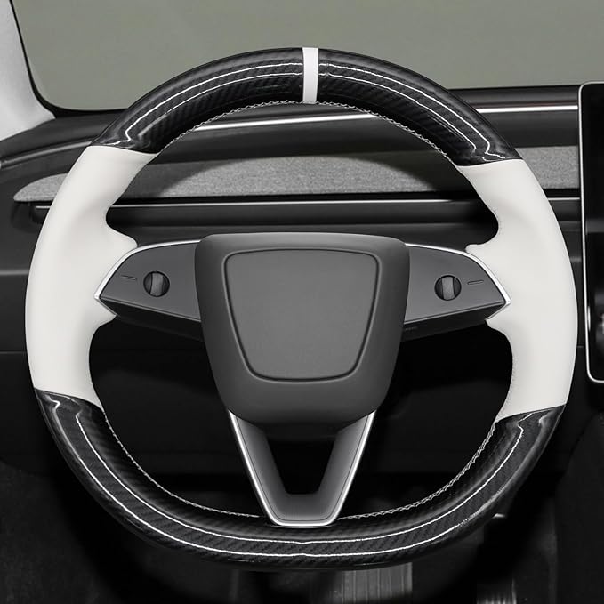 MEWANT Hand Stitched White Leather Steering Wheel Cover for Tesla Model 3 Highland 2023 2024 2025