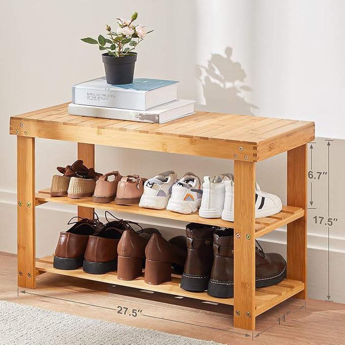 Pipishell 3 Tier Bamboo Shoe Rack Bench - Sturdy Shoe Organizer Holds up to 300lbs for Entryway, Bedroom, Living Room, Balcon