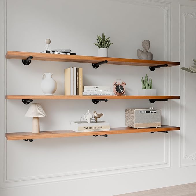 Industrial Pipe Wall Wood Shelves,Real Wooden Shelves 72" in Special Brown Color with 1.2" Extra Thickness, Modern Floating S