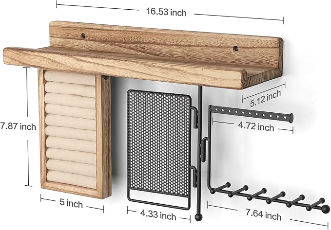 SOLIMINTR Hanging Jewelry Organizer Wall Mount with Rustic Wood Shelf, Ring Display Box, Ear Studs Earring Holder, Rotating N