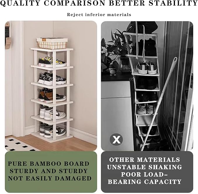 SAN HE 7-Tier Modern Bamboo Shoe Rack - Vertical, Slim, Space-Saving Shoe Organizer for Small Spaces, Closet, Entryway, Corne