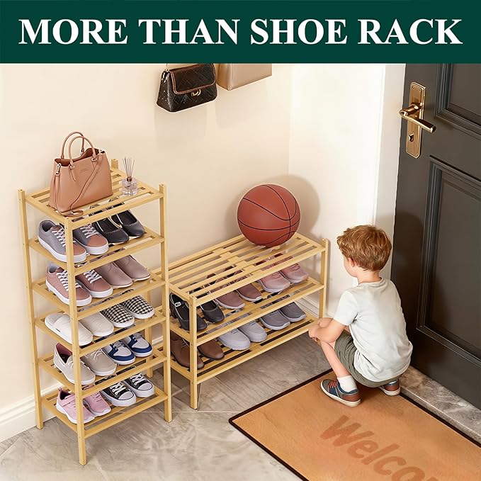 Smiry Long Bamboo Shoe Rack 6-Tier, Stackable Wooden Shoe Organizer for Entryway & Closet, Free Standing Wood Shoe Storage Sh