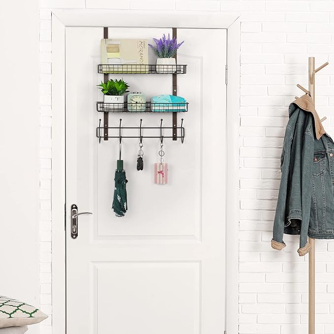 OYEAL Over The Door Hook Rack with 5 Hooks 2 Baskets Steel, Sturdy Durable Coat Rack Towel Hooks Hanging Organizer Shelves fo