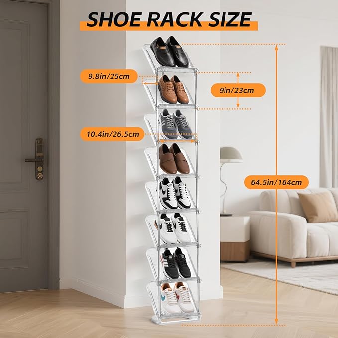 SMILHELTD Vertical Shoe Rack 8 Tiers Narrow Clear Sneaker Storage Holder Luxurious Slim Tall Organizer Space Saving Shelf for