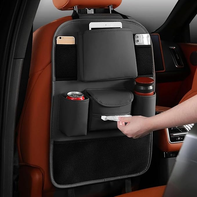 Car Backseat Organizer with Touch Screen Tablet Holder,7 Storage Pockets Protectors Kick Mats Travel Accessories for Kids-Black