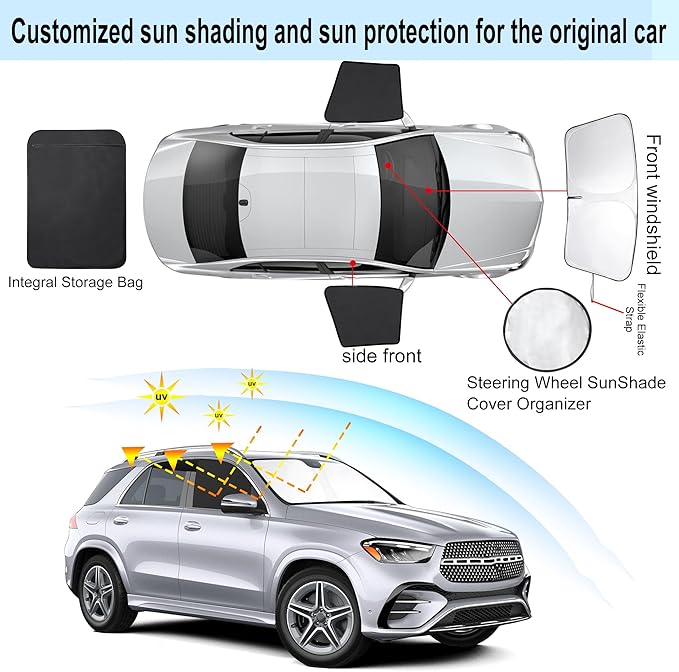 3PCS Car Window Shades Front Windshield Sun Shade Foldable Window Shade Custom Fit for 2020-2024 Mercedes Benz GLE Accessories Car Shades for Front Windows Anti-UV Rays Block Heat