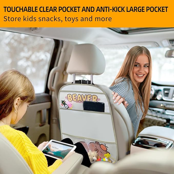 kids Leather Car Backseat Organizer with Foldable Table Tray, Car Storage Organizer with Tablet Holder, Car Seat Back Protectors Kick Mats, Travel Accessories (Capybara)