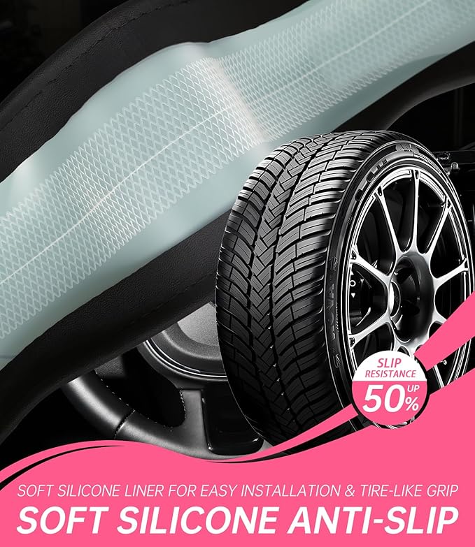 XCBYT Steering Wheel Cover - Pink Leather Steering Wheel Wrap Great Grip with 3D Honeycomb Quick and Effortless Installation 