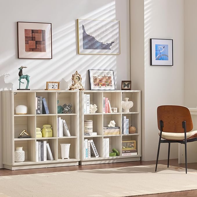 9 Cube Storage Book Shelf, 41" Tall Organizer Bookcase with Curved Edge, Wood Floor Standing 3-Tier Cubby Bookshelf with Base