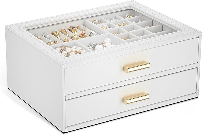 AKOZLIN Jewelry Box with Clear Lid Functional Leather Jewelry Storage Organizer Case 2 Drawers for Women Girls Necklace Ring 