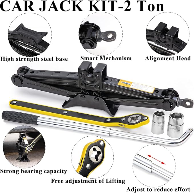 AUTODECO Car Emergency Roadside Kit with Scissor Jack, Air Compressor, Jumper Cables, Car Safety Kit, Air Wedge Bag Pump