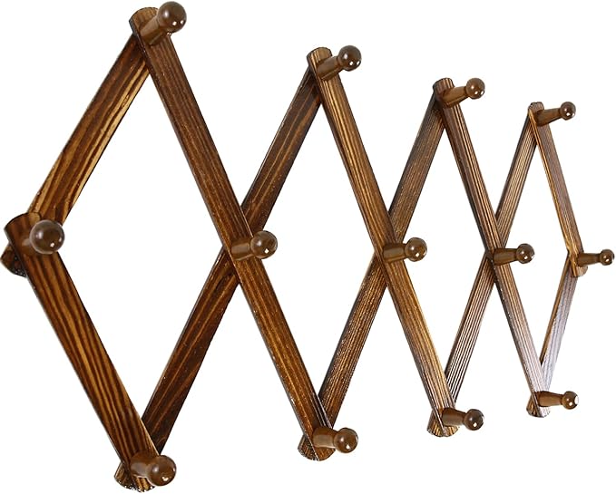 AMAPON Accordion Style Expandable Wall Wooden Coat Rack 13 Hooks (Pegs) Hang Hats Jackets Coffee Mug Purses Necklaces Towels 