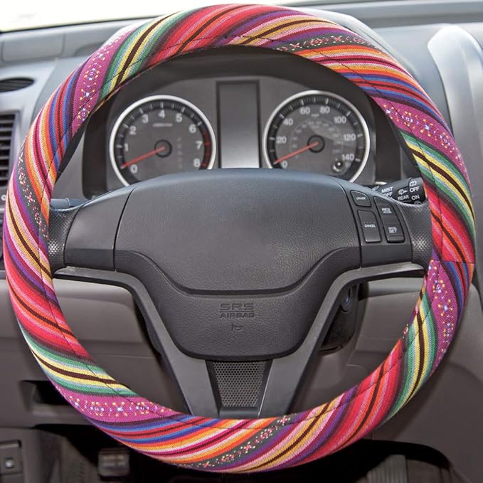 BDK Colorful Woven Boho Bohemian Hippie Style Steering Wheel Cover for Women - Fits Most Standard Wheel Sizes 14.5-15 inch Co